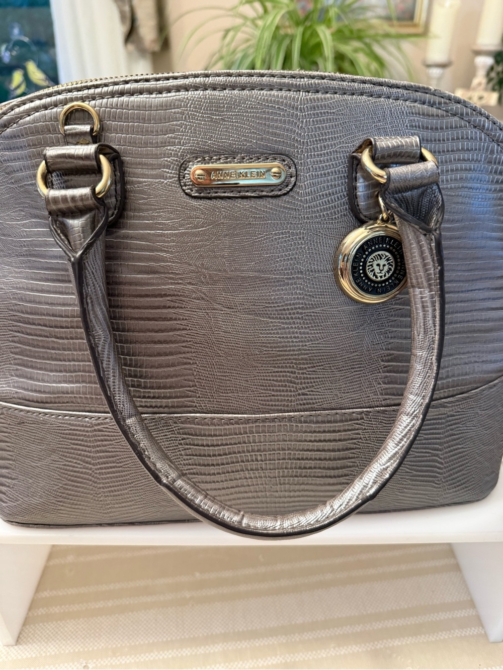 Anne Klein Metallic Pewter Textured Satchel with Gold-Tone Charm-